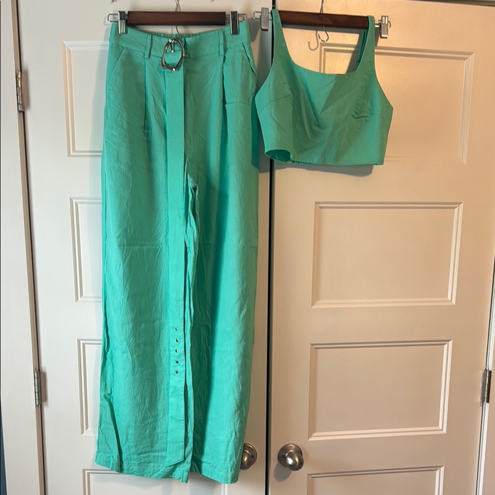 House of Harlow 1960 Teal Wide Leg Pants and Crop Top Set
